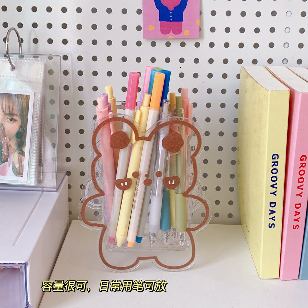 Kawaii Transparent Acrylic Pen Holder Desktop Organizer INS New Fashion Cute Bear Bunny Office Stationery Cosmetics Storage Box