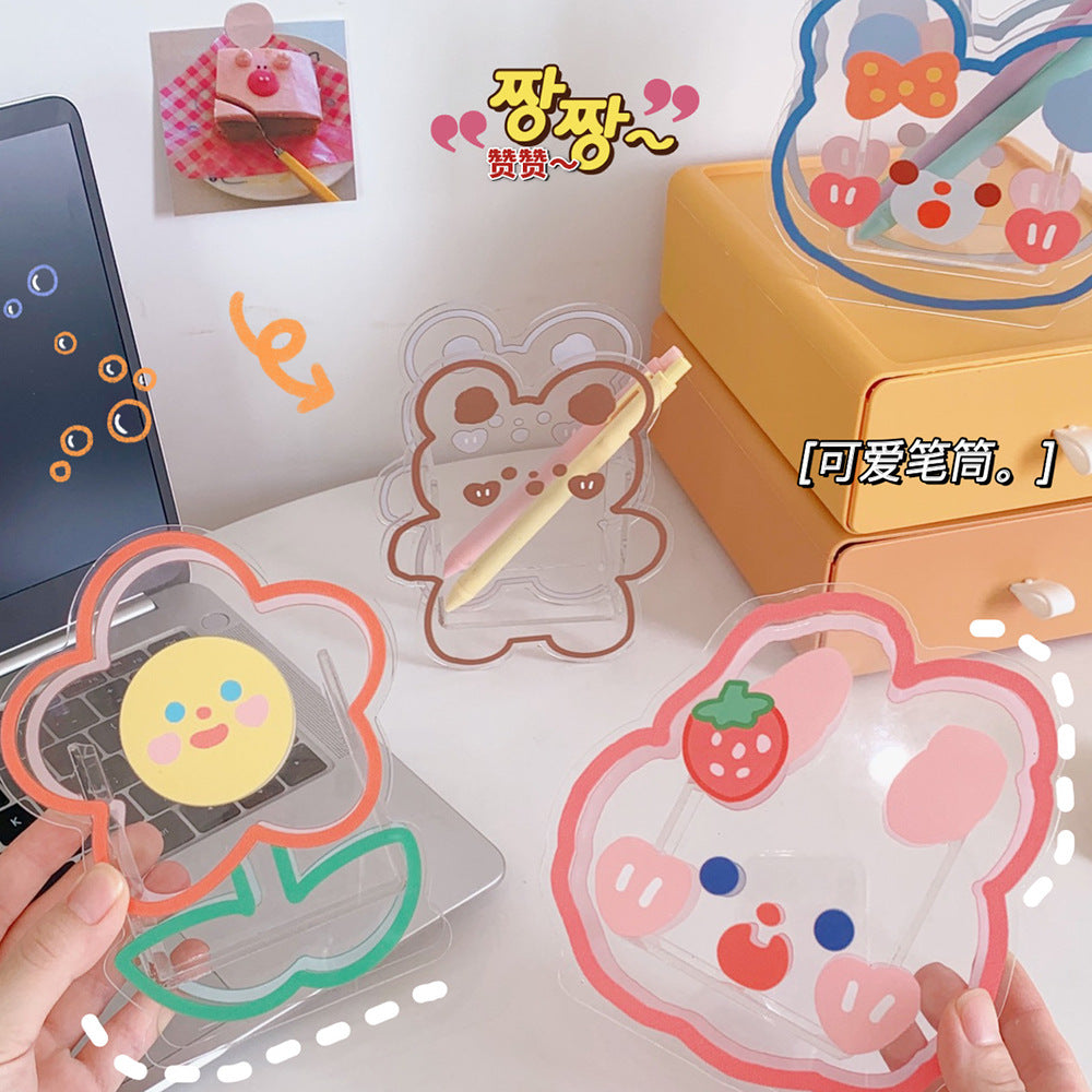 Kawaii Transparent Acrylic Pen Holder Desktop Organizer INS New Fashion Cute Bear Bunny Office Stationery Cosmetics Storage Box