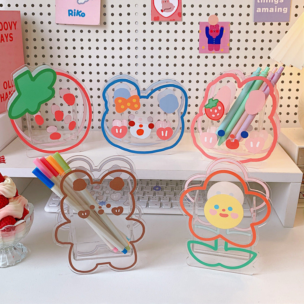 Kawaii Transparent Acrylic Pen Holder Desktop Organizer INS New Fashion Cute Bear Bunny Office Stationery Cosmetics Storage Box