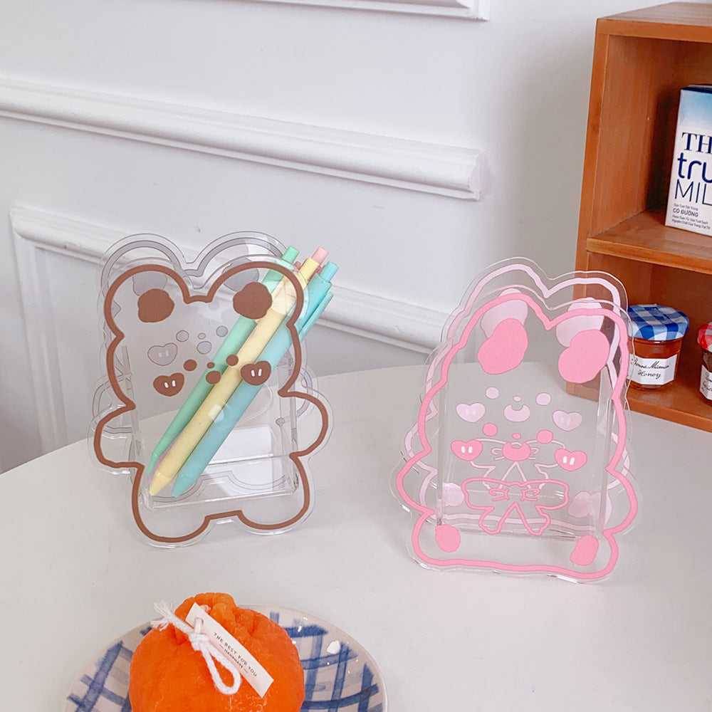 Kawaii Transparent Acrylic Pen Holder Desktop Organizer INS New Fashion Cute Bear Bunny Office Stationery Cosmetics Storage Box