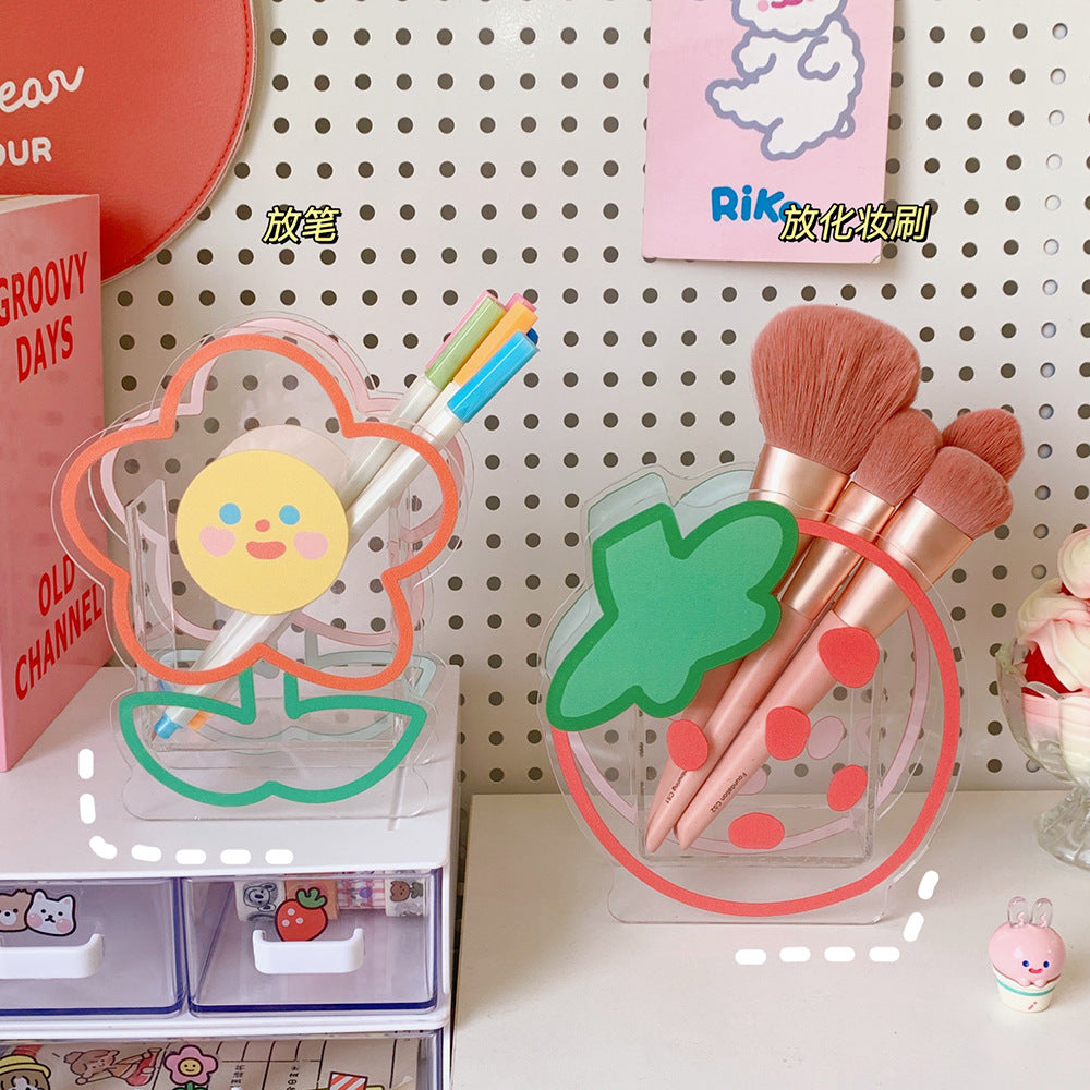 Kawaii Transparent Acrylic Pen Holder Desktop Organizer INS New Fashion Cute Bear Bunny Office Stationery Cosmetics Storage Box