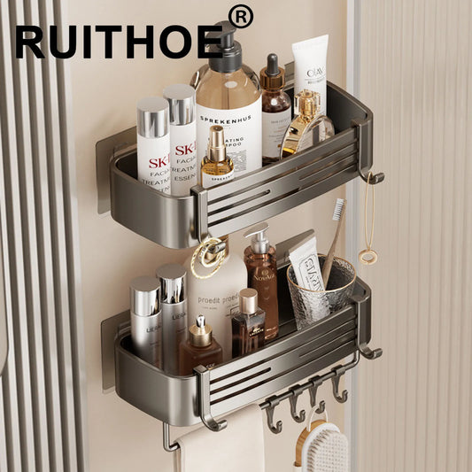 Punch-free Bathroom Shelf for Shower Bathroom Rack Aluminum Hanging Rack with Hooks Bathroom Organizer Hang On the Wall