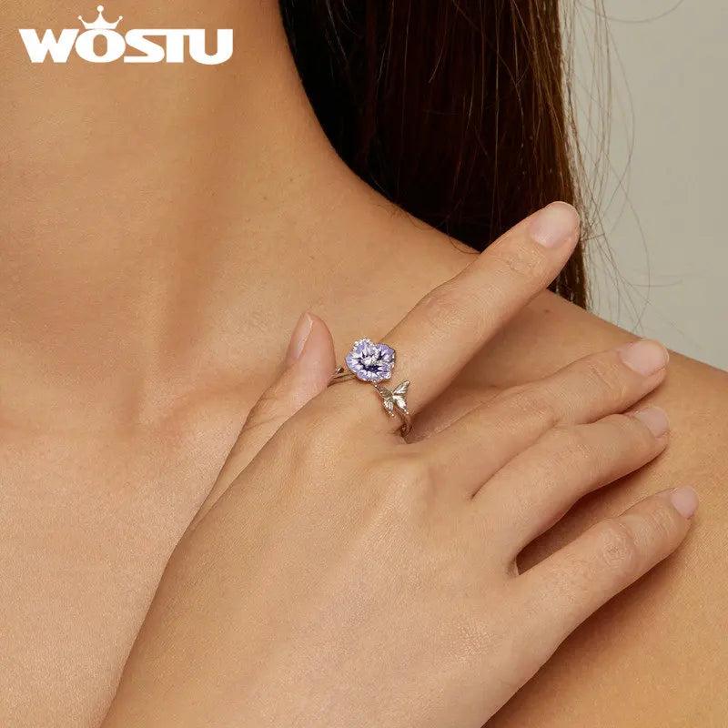 WOSTU 925 Stelring Silver Purple Pansy Flower Open Rings For Women Wedding Party Statement Stackable Butterfly Ring Holiday Gift