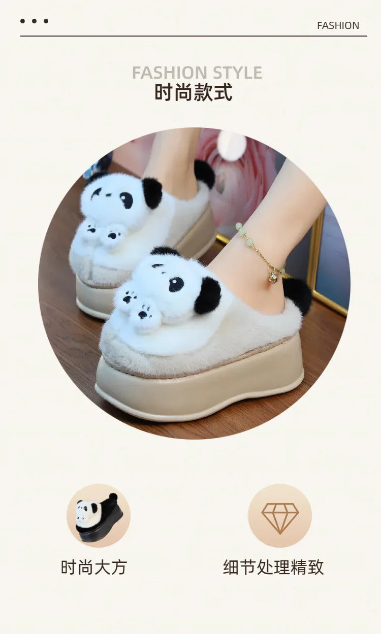 New high heel panda shoes women's winter loafer thick slippers woman fluffy slip on shoes ladies animal warm fuzzy home slipper
