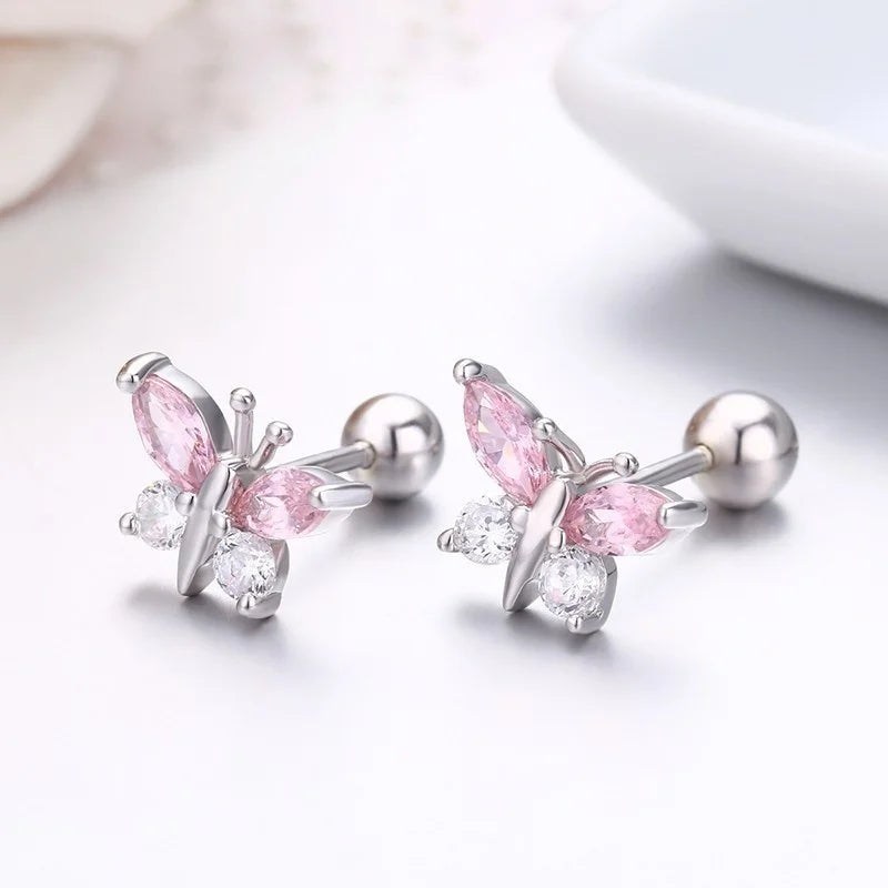Cute 925 Sterling Silver Butterfly Pink CZ Screw Back Stud Earrings For Women Child Girls Kids Jewellery Orecchini Aros Aretes