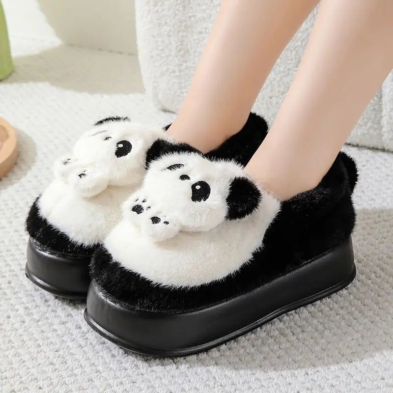 New high heel panda shoes women's winter loafer thick slippers woman fluffy slip on shoes ladies animal warm fuzzy home slipper