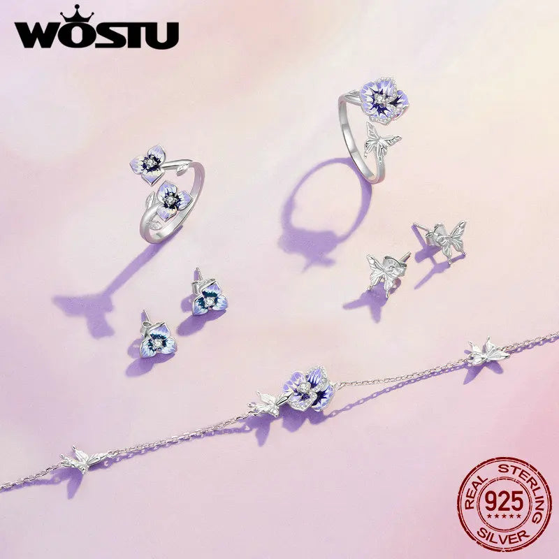 WOSTU 925 Stelring Silver Purple Pansy Flower Open Rings For Women Wedding Party Statement Stackable Butterfly Ring Holiday Gift