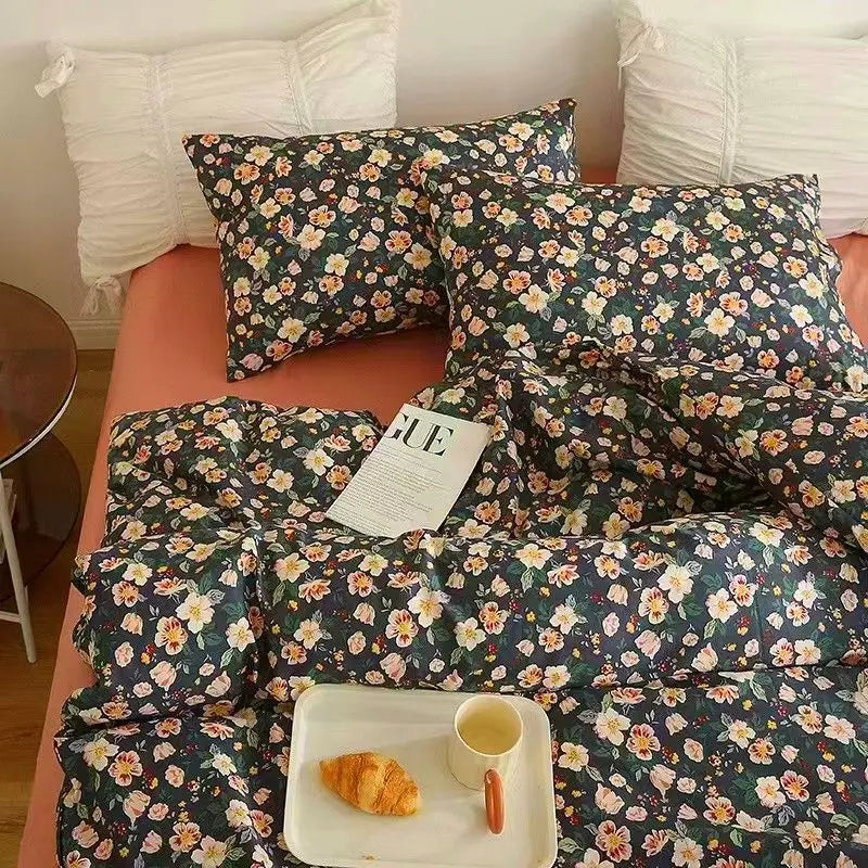 Romantic Bedding Set Floral Ins Style Duvet Cover Flat Sheet with Pillowcases Single Queen Full Size Boys Girls Korean Bed Linen