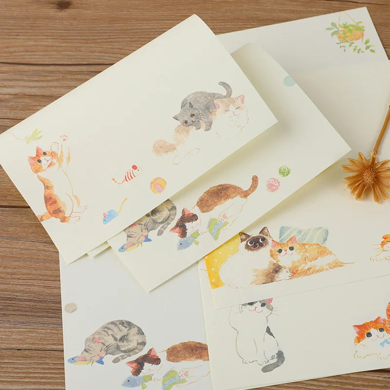 9pcs/set Kawaii Cats Envelopes with Letter Pads Cartoon Letter Writing Paper Wedding Invitation Card Cover Korean Stationery