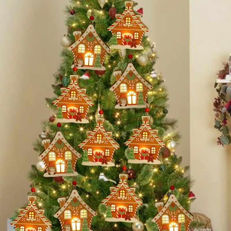 Christmas Night Lights Wooden House Pendant Gingerbread Man Hanging Ornaments for Home Party Xmas Trees Decoration Holiday Light