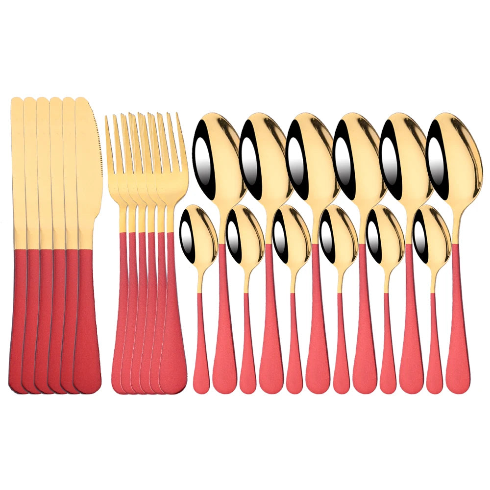 Red Silver Mirror Cutlery Set 24Pcs Dinnerware Set Flatware Cutlery Fork Knife Spoon Stainless Steel Silverware Tableware Set