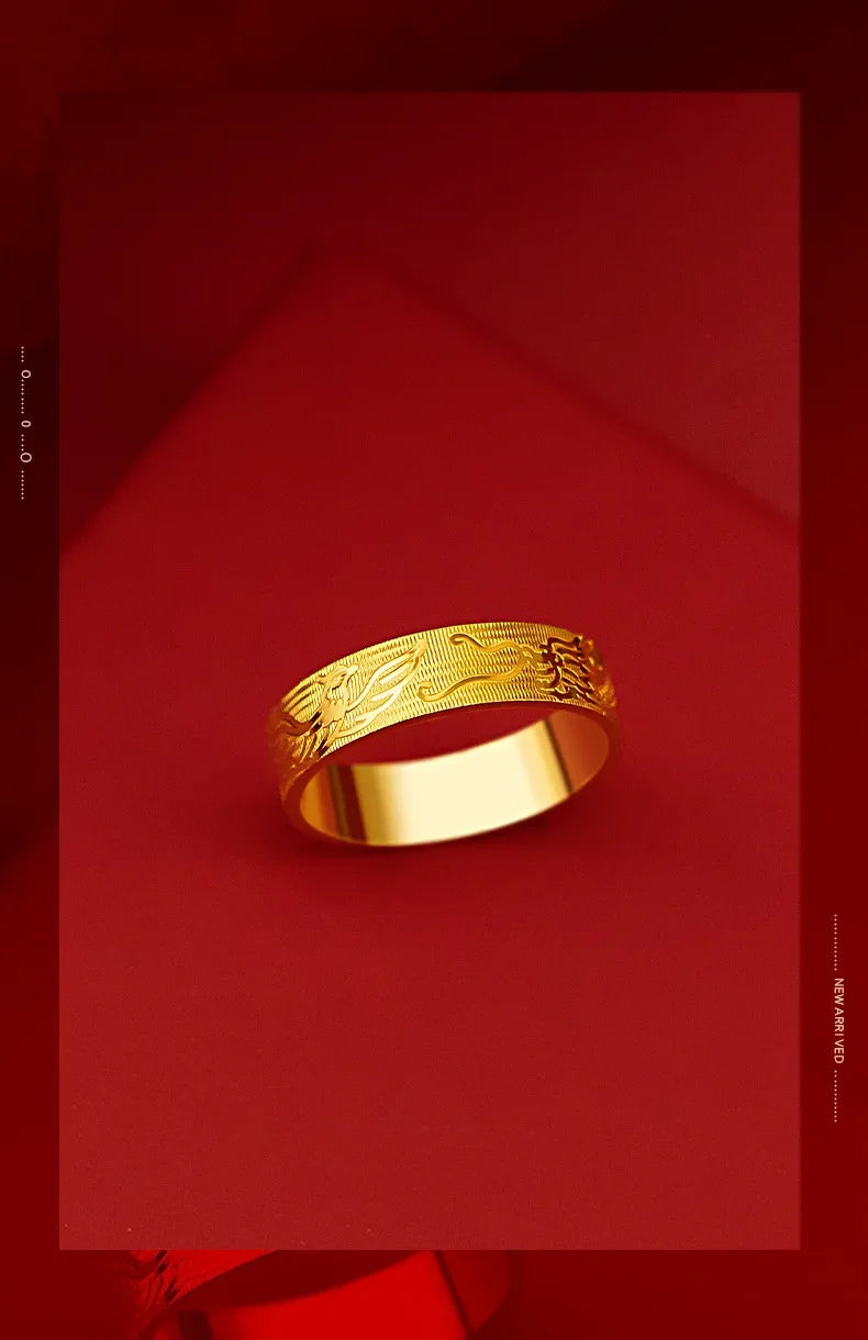 9999 real gold 24K yellow gold Ring Women and Men's Dragon and Phoenix Wedding Ring
