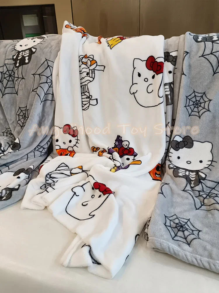 2024 Halloween Ghost Hello Kitty Plush Cartoon Large Flannel Blanket Cute Cotton Sofa Nap Blanket Bed Sheet Christmas Gift