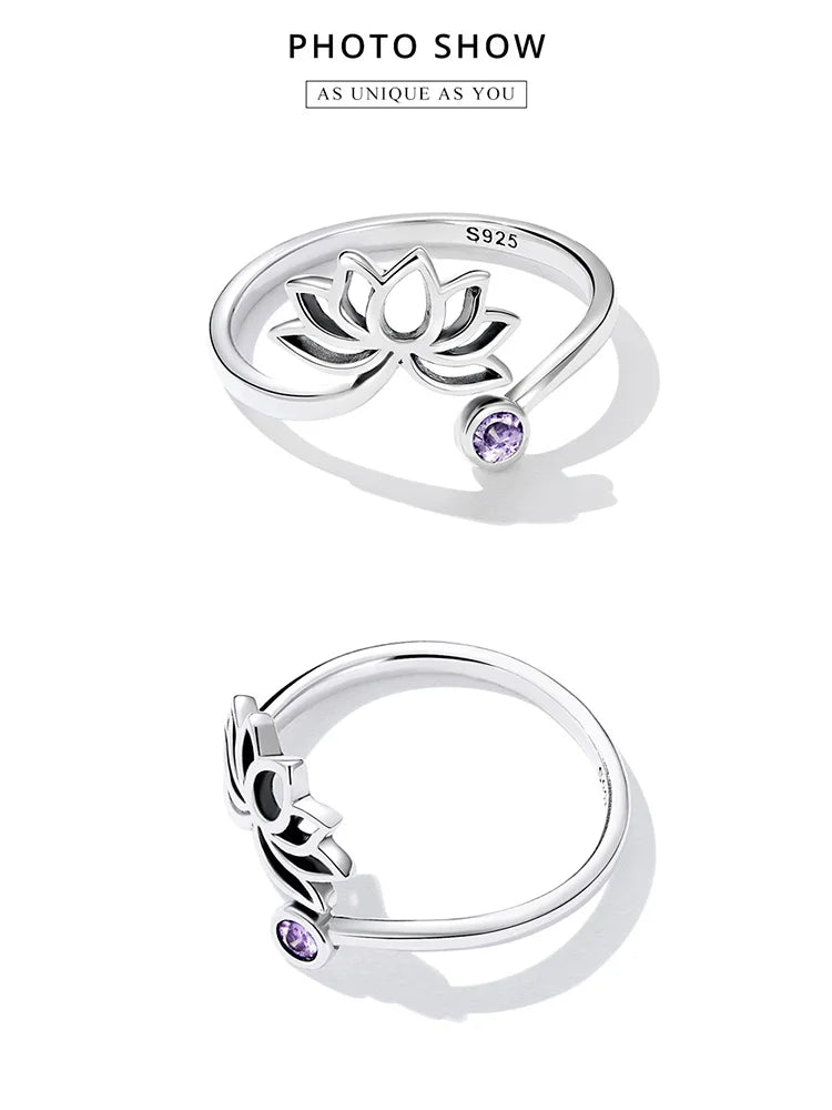 WOSTU 925 Sterling Sliver Lotus Flower Adjustable Rings Finger Purple Zircon Hollow Open Ring For Female Original Jewelry CQR821