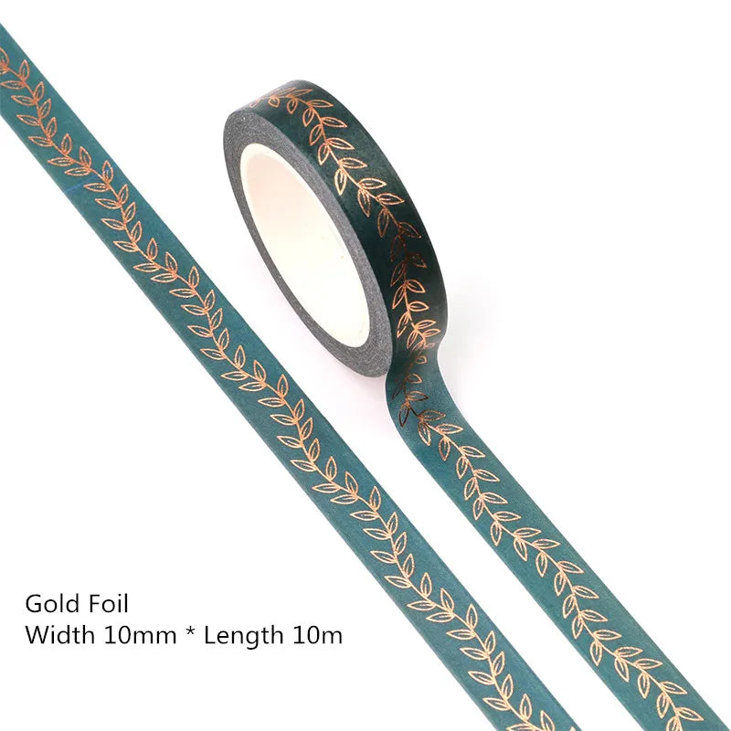 NEW 1PC 10mm x 10m Gold Foil Leaf Green Washi Tape Scrapbook Paper Masking Adhesive Christmas washi tape stickers