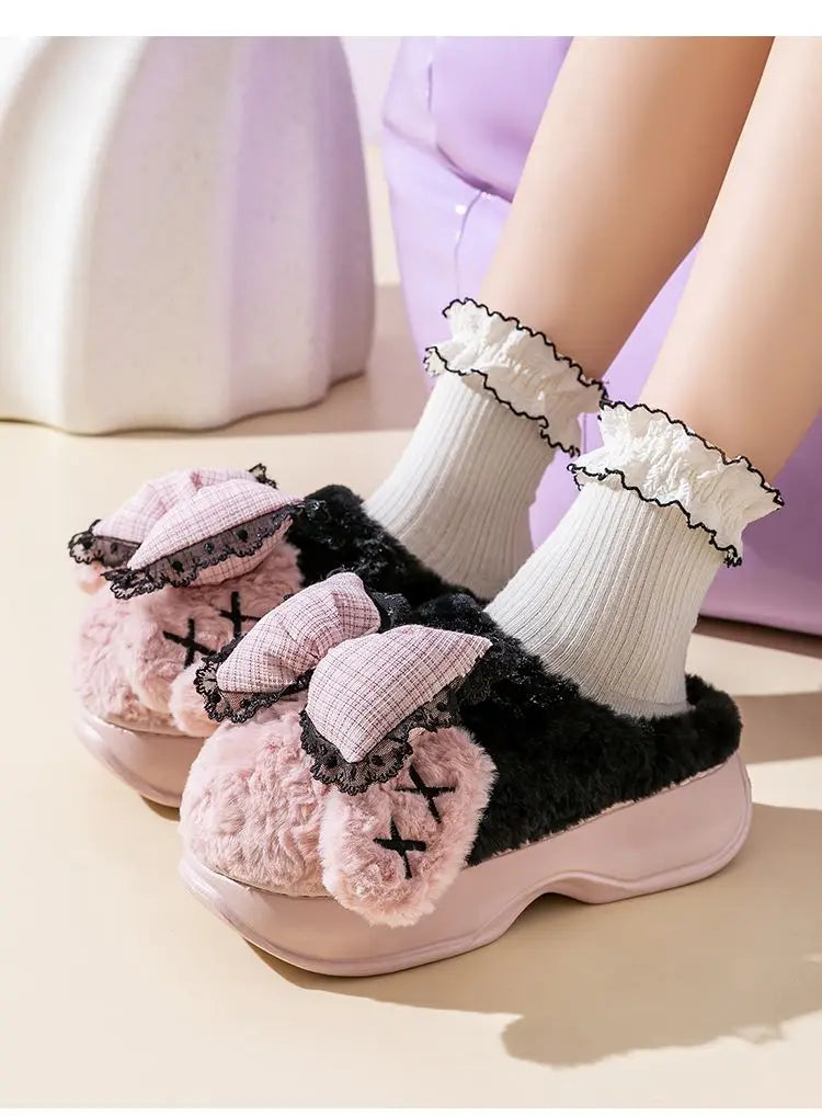 New green bow slippers winter women's 2024 shoes thick sole fuzzy slippers for home mules shoes woman fluffy metal house slipper
