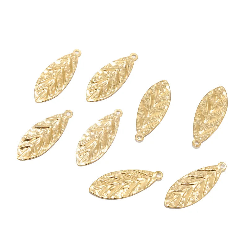 6pcs Gold Plated 15*40mm Stainless Steel Embossed Leaf Pendants Charms For DIY Jewelry Necklace Making Findings High Quality