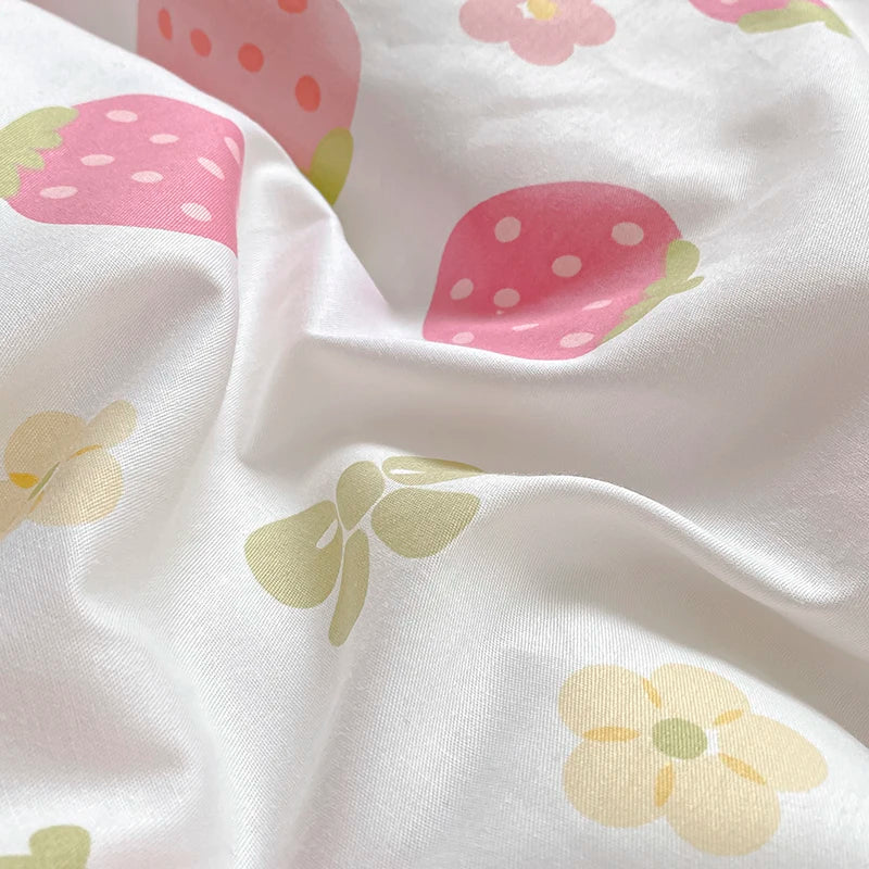 Kawaii Pink Strawberry Duvet Cover Set NO Filler Fashion Bed Sheets Full Queen Size Luxury Home Bedding for Girls Bedclothes