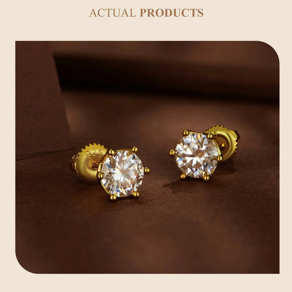 BAMOER Moissanite Stud Earrings, D Color Brilliant Round Cut Lab Created Diamond 925 Silver Earrings Gold Plated for Women