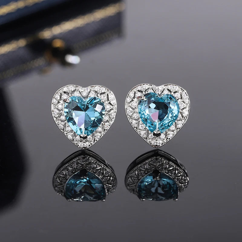Stylish 925 Silver Plated Earrings for Women Beautiful Heart Shape Women's Shiny AAAA Women's Blue Zircon Korean Earrings