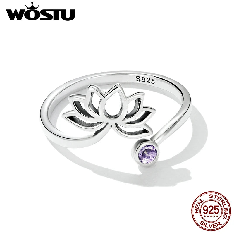 WOSTU 925 Sterling Sliver Lotus Flower Adjustable Rings Finger Purple Zircon Hollow Open Ring For Female Original Jewelry CQR821