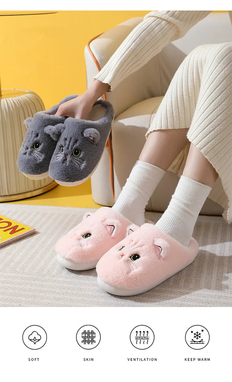 New Winter Women Lovely Cat Plush Slippers Warm Shoes Slides Cute Cartoon Cat Fuzzy Slippers Men Soft Footwear Home Cotton Shoes