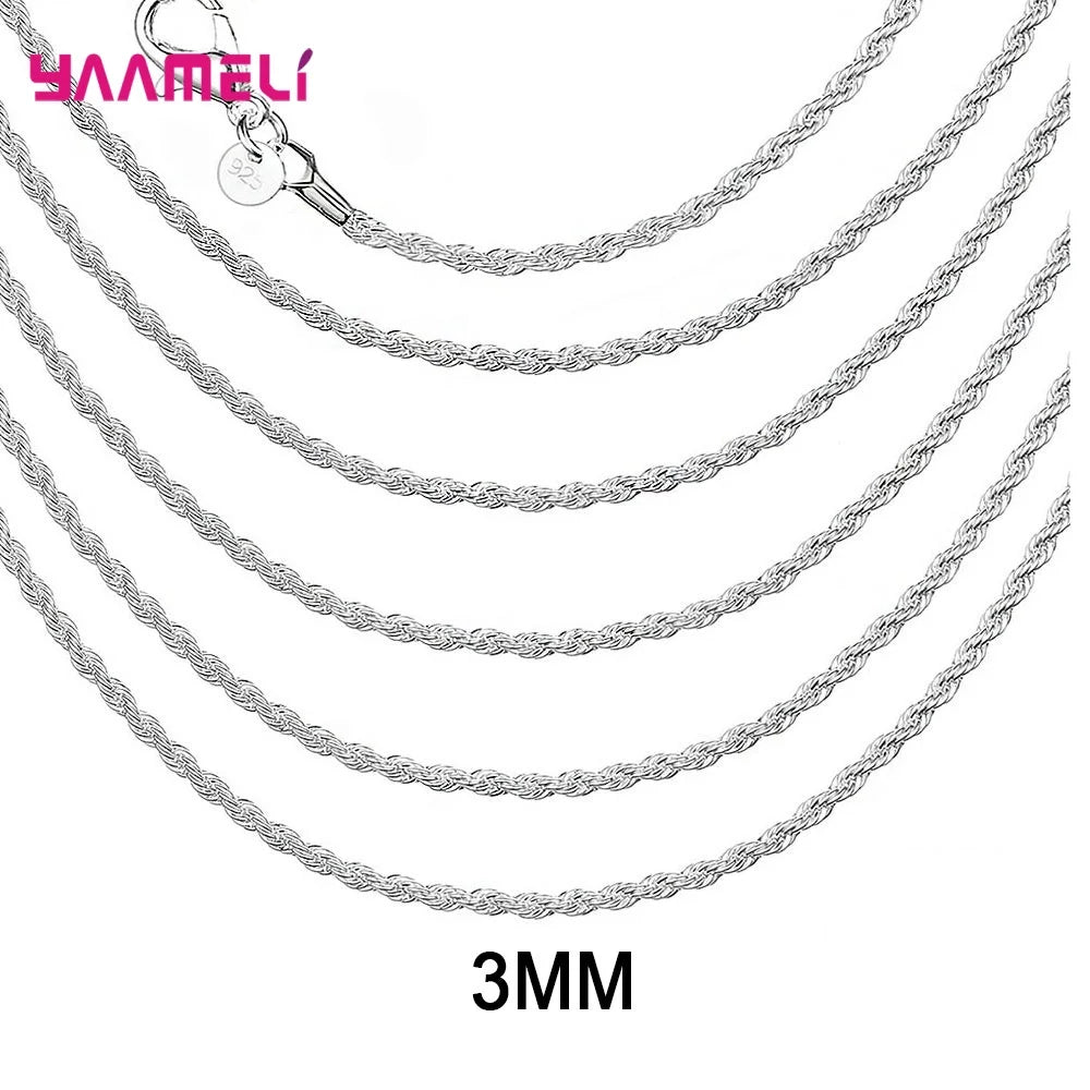 Top Sale Real Pure 925 Sterling Silver Necklace Jewelry Chain for Men Women 2MM 3MM 4MM Width Twisted Rope with Lobster Clasps