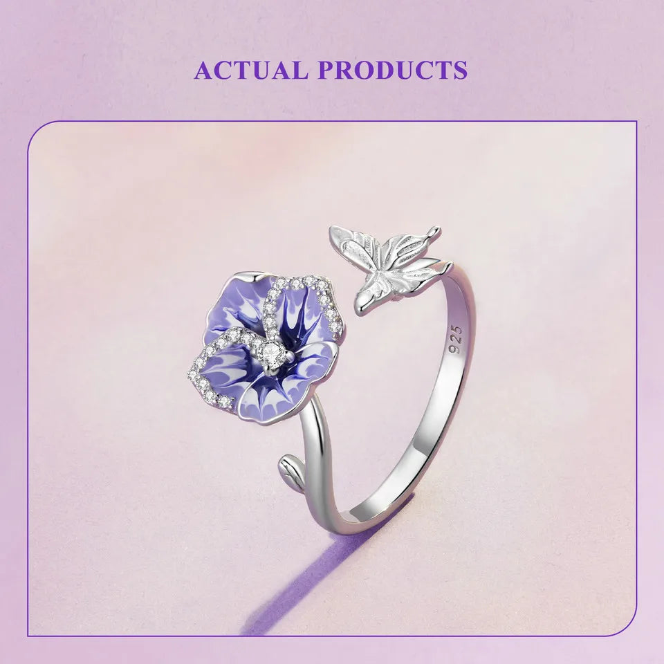 WOSTU 925 Stelring Silver Purple Pansy Flower Open Rings For Women Wedding Party Statement Stackable Butterfly Ring Holiday Gift