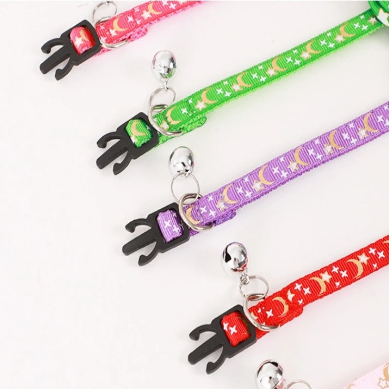 Cat Bow Bell Collar Hot Stamping Woven Stars and Moon Pattern Removable Bow Cat Puppy Collar Adjustable Dog Collar
