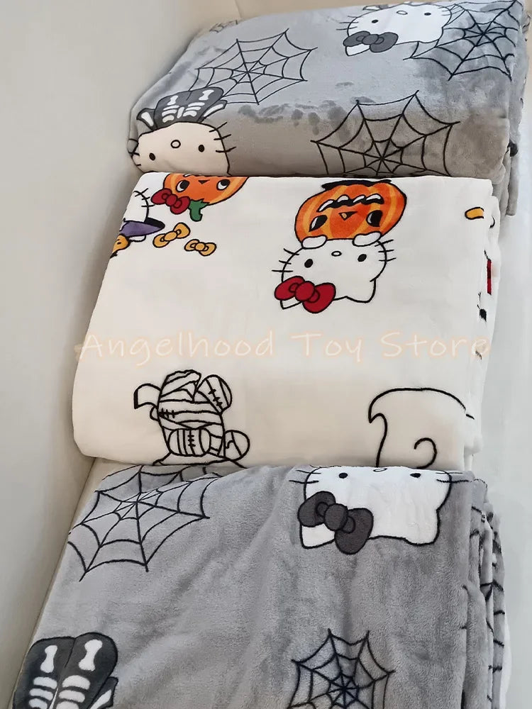 2024 Halloween Ghost Hello Kitty Plush Cartoon Large Flannel Blanket Cute Cotton Sofa Nap Blanket Bed Sheet Christmas Gift