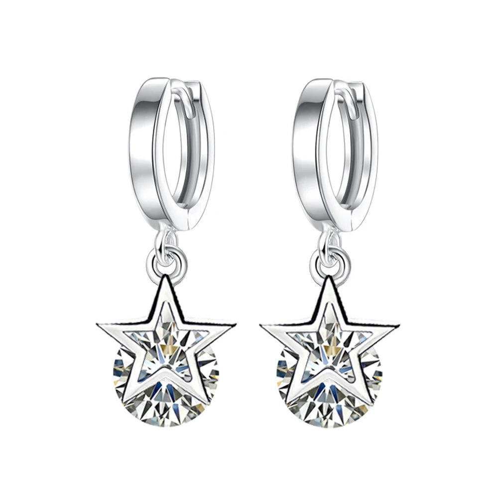 Genuine 925 Sterling Silver Woman's Original Jewelry Crystal Zircon Star Drop Earrings XY0069