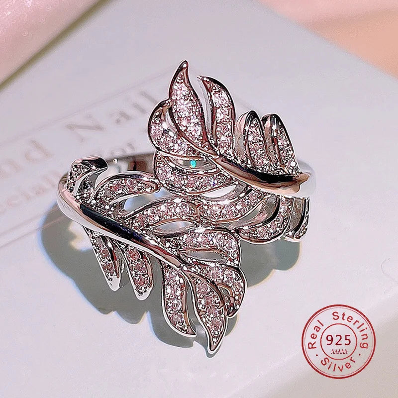 925 Sterling Silver Rings for Women Princess Propose Marriage Cubic Zirconia Feather Design Ring Romantic Bridal Wedding Bijoux
