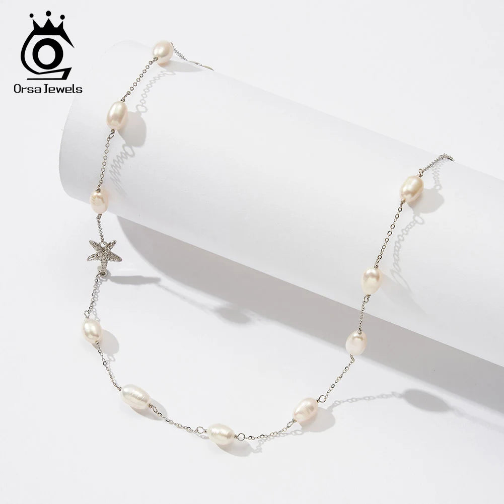 ORSA JEWELS Natural Pearl Choker Necklace Fashion 925 Sterling Silver Starfish 4A Zircon Necklace for Women Party Jewelry BQN06