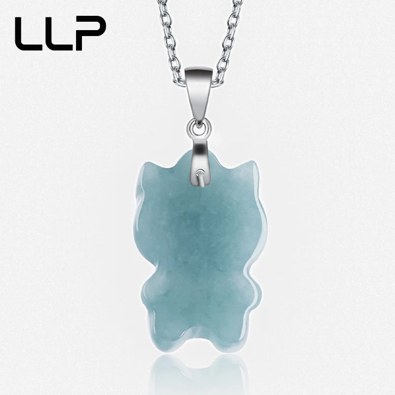 Natural A Cargo Blue Water Jade S925 Silver Inset Cartoon Cat Pendant High Jewelry Amulet Women's Necklace Luxury Holiday Gift