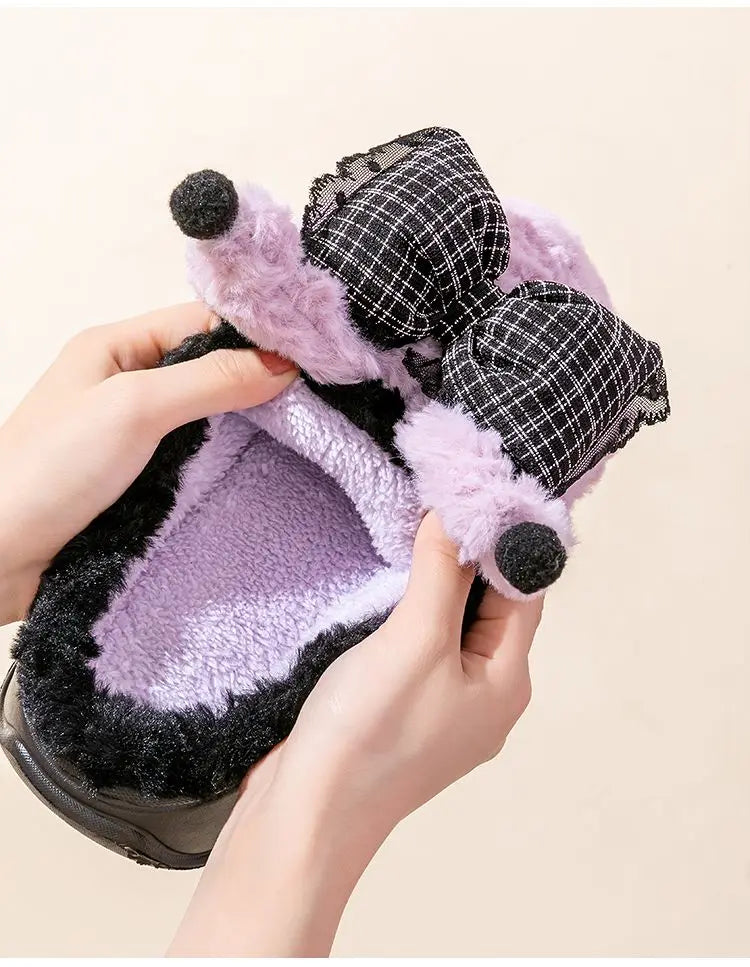 New green bow slippers winter women's 2024 shoes thick sole fuzzy slippers for home mules shoes woman fluffy metal house slipper
