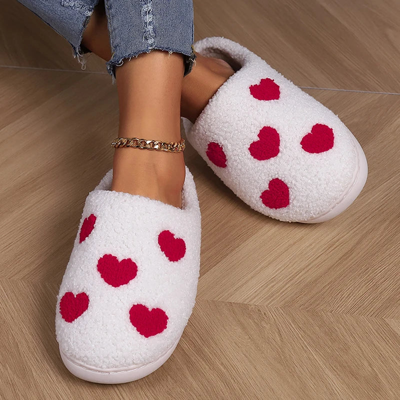 Lucyever Women's Warm Lambswool Slippers Heart Printed Plush Home Slippers Shoes for Women Non Slip Soft Bottom Slides Ladies