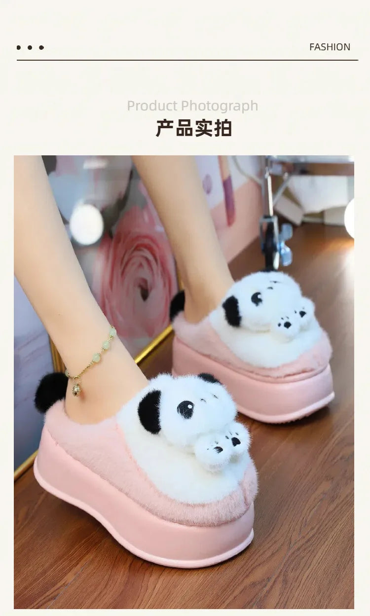 New high heel panda shoes women's winter loafer thick slippers woman fluffy slip on shoes ladies animal warm fuzzy home slipper