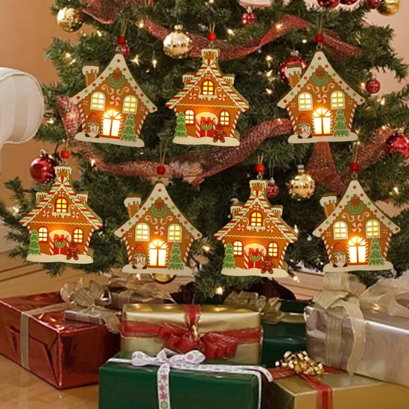 Christmas Night Lights Wooden House Pendant Gingerbread Man Hanging Ornaments for Home Party Xmas Trees Decoration Holiday Light