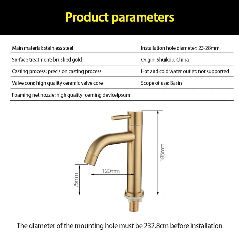 Bathroom Basin Faucet 1/2Inch 304 Stainless Steel Single Cold Water Tap Gold Black Sink Faucet Replacement Bathroom Accessories
