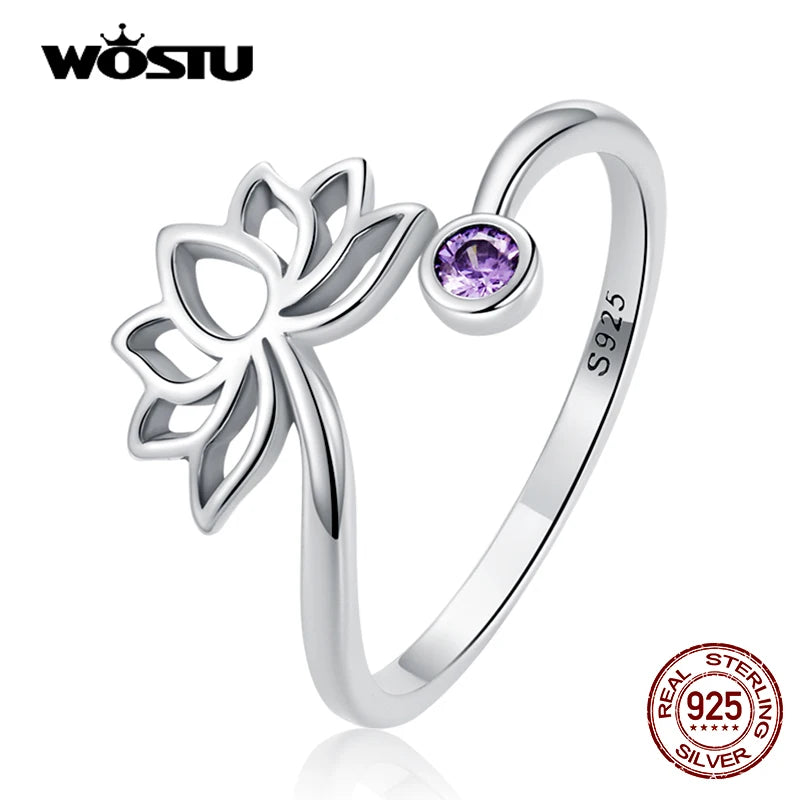 WOSTU 925 Sterling Sliver Lotus Flower Adjustable Rings Finger Purple Zircon Hollow Open Ring For Female Original Jewelry CQR821