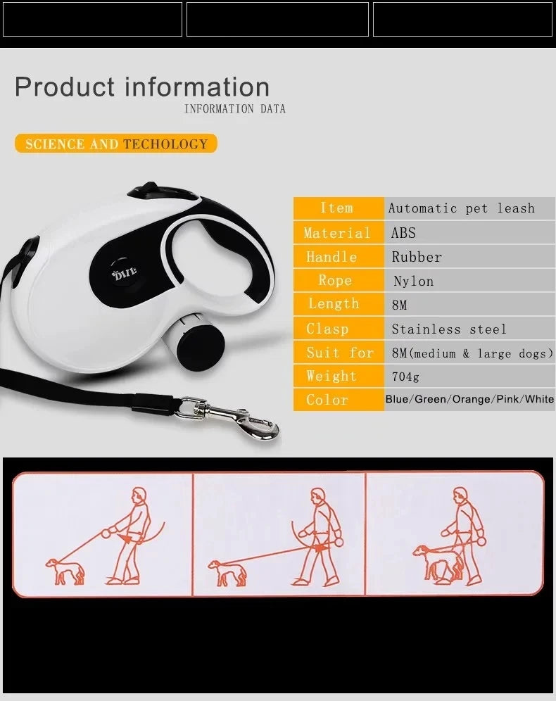 8M Premium Durable Dog Leash Automatic Retractable Dog Leash Large Dog Lead Extending Walking Leads Traction Rope Belt Pet Leash