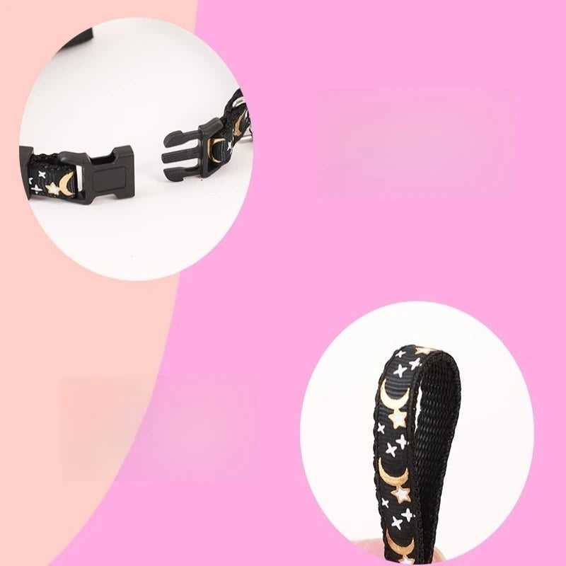 Cat Bow Bell Collar Hot Stamping Woven Stars and Moon Pattern Removable Bow Cat Puppy Collar Adjustable Dog Collar