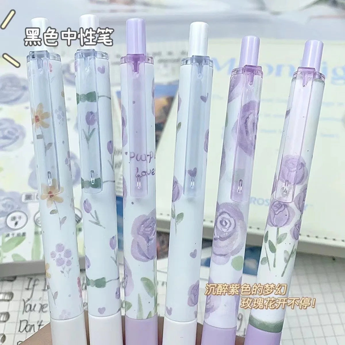 6 Pcs/Set purple rose heart Gel Pens 0.5mm Press Ballpoint Pens Black Ink Writing Pens Office School Stationery Supplies