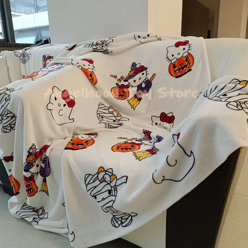 2024 Halloween Ghost Hello Kitty Plush Cartoon Large Flannel Blanket Cute Cotton Sofa Nap Blanket Bed Sheet Christmas Gift