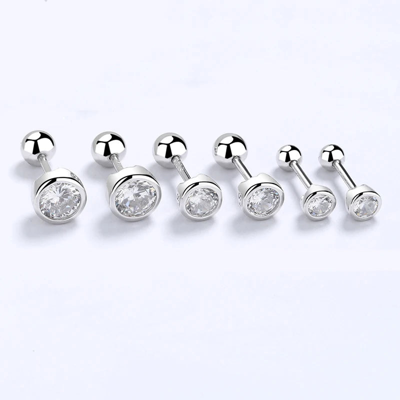 INZATT Real 925 Sterling Silver Zircon Round Screw Thread Bead Stud Earrings For Women Fine Jewelry Minimalist Accessories