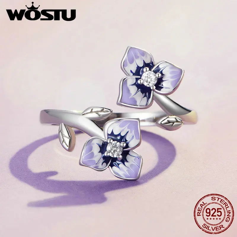 WOSTU 925 Stelring Silver Purple Pansy Flower Open Rings For Women Wedding Party Statement Stackable Butterfly Ring Holiday Gift