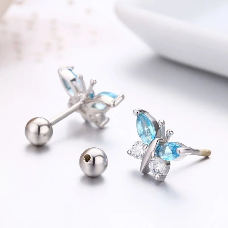 Cute 925 Sterling Silver Butterfly Pink CZ Screw Back Stud Earrings For Women Child Girls Kids Jewellery Orecchini Aros Aretes