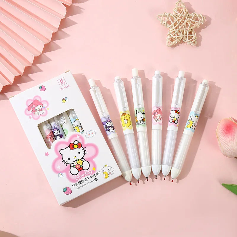 6Pcs Sanrio Hello Kitty Gel Pen Cute Cartoon Kuromi Cinnamoroll High Appearance Press Pen School Supplies Girl&Child Gifts