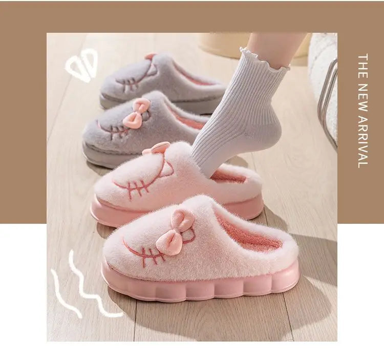 New green bow slippers winter women's 2024 shoes thick sole fuzzy slippers for home mules shoes woman fluffy metal house slipper