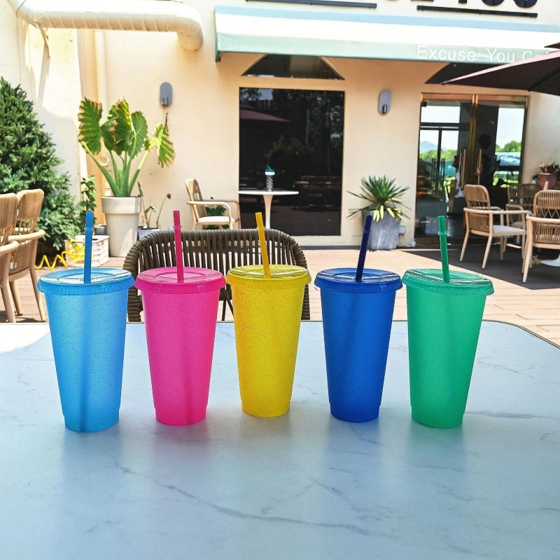 500/710ML Flash Powder Water Bottle With Straws Lid Plastic Reusable Personalized Drinkware Coffee Drinking Cup Christmas Gifts